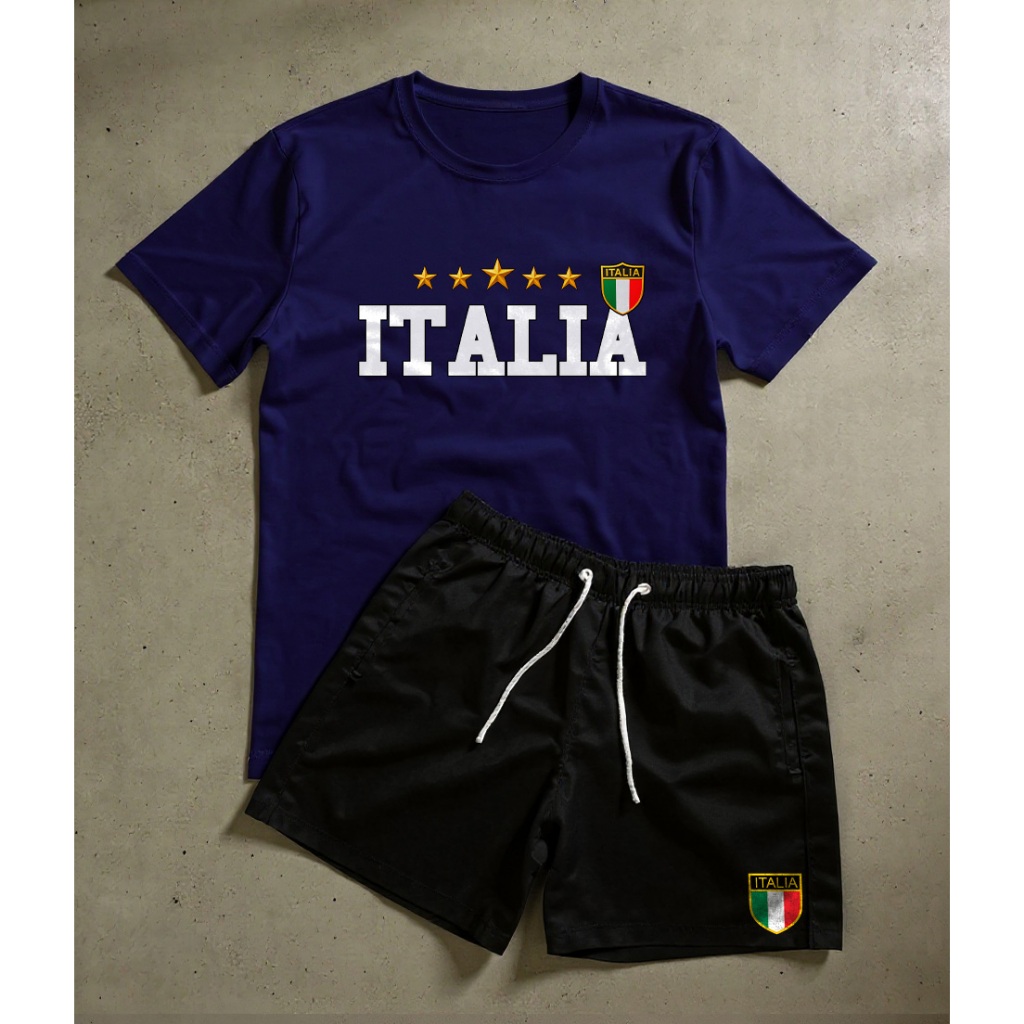 Conjunto Masculino Kit 5 Estrelas Italia Camiseta e Bermuda Plus Size Futebol Street