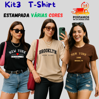 Kit 3 T-Shirt Básica Camiseta Feminina Estampada Blusa Várias Cores  100% Algodão em Oferta na Shopee