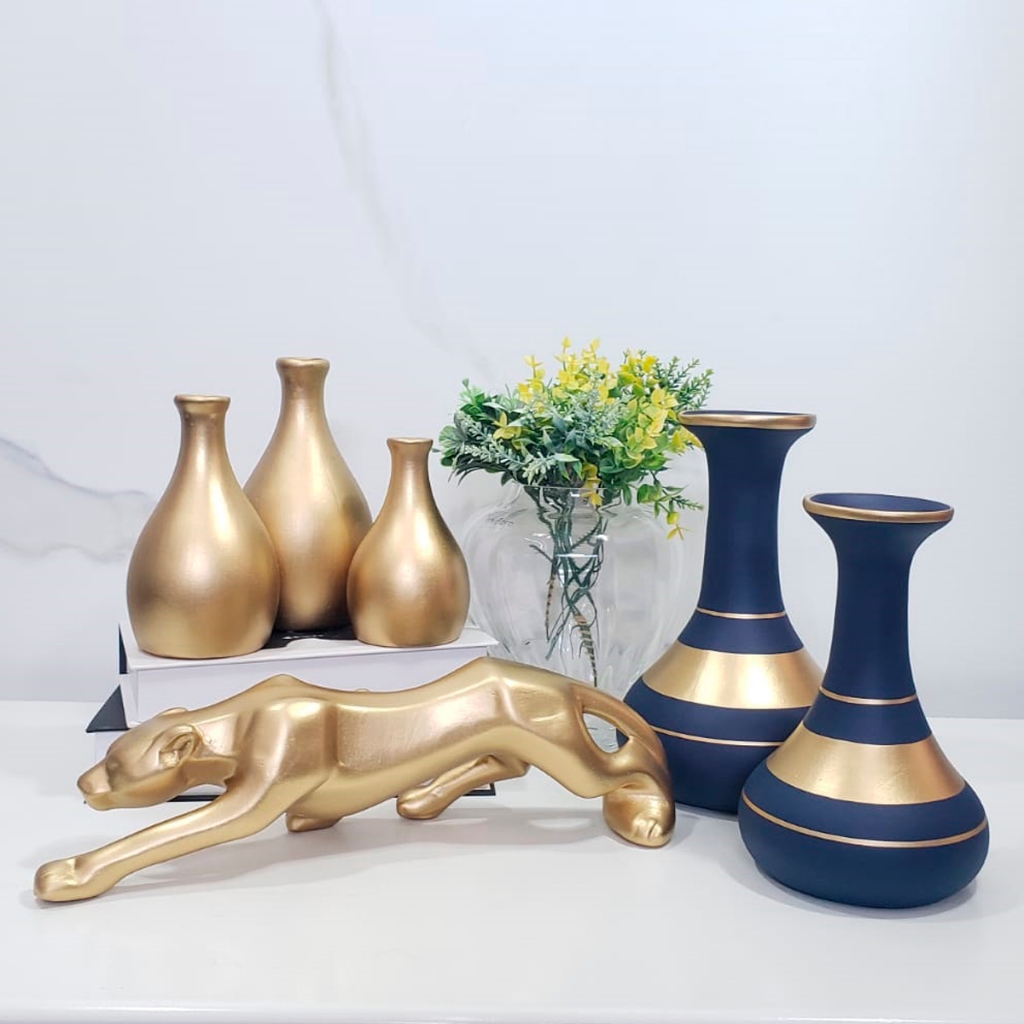 Enfeite 6 peças decorativo kit vaso cerâmica rack sala conjunto completo trio casa centro mesa dupla