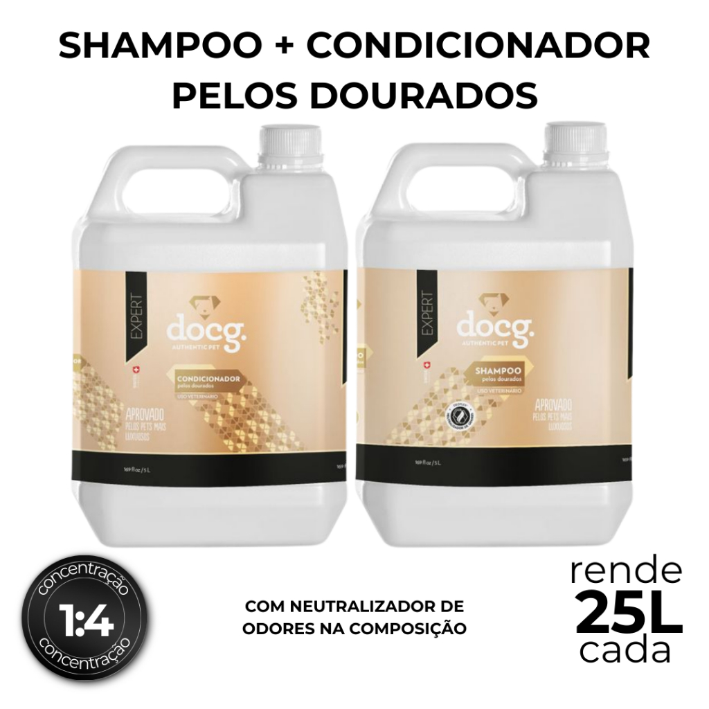 KIT Pelos Dourados | Shampoo 5L + Condicionador 5L | DOCG | Produto Pet Shop | Rende até 25L cada