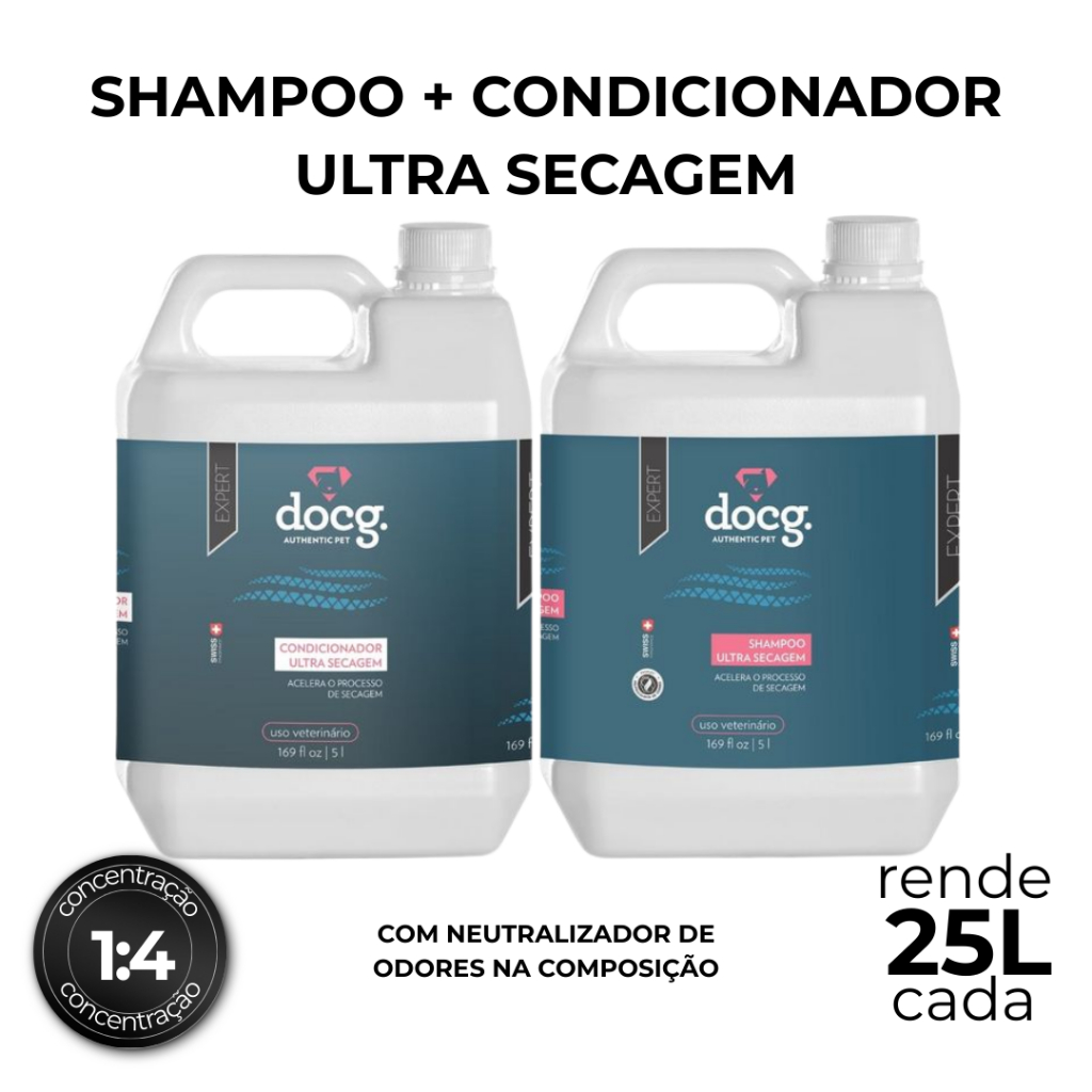 KIT Ultra secagem| Shampoo 5L + Condicionador 5L | DOCG | Produto Pet Shop | Rende até 25L cada