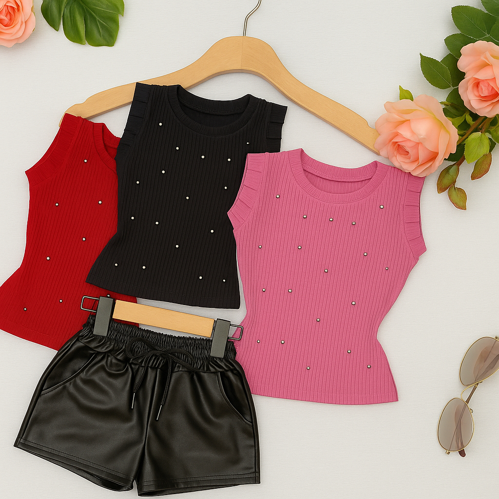 KIT 3 Blusinhas e 1 Shortinho Courino Cirrê em Oferta na Shopee