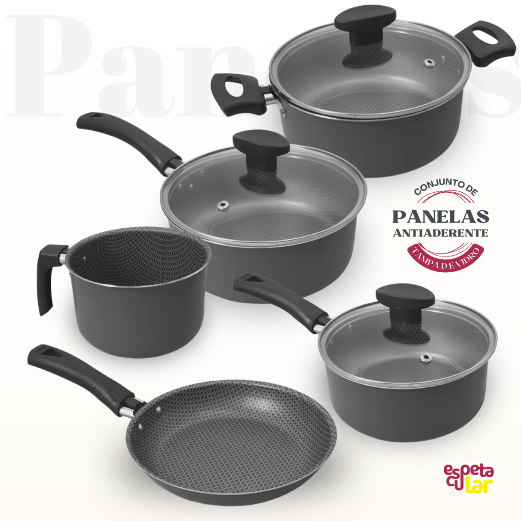 Conjunto de Panelas Caçarolas Caneco Frigideira Panquequeira Teflonada Antiaderente 5 Peças