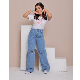Calça Jeans Wideleg Rasgos No Joelho Menina Juvenil 10 12 14 16 em Oferta na Shopee