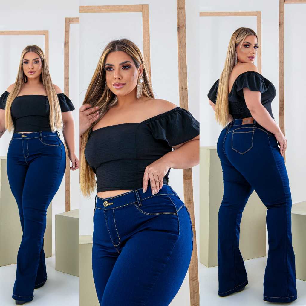 Calça Jeans Flare Escura com Lycra Plus Size Cintura Alta Moda Premium Alta Qualidade Trabalho Empina Bumbum Festa