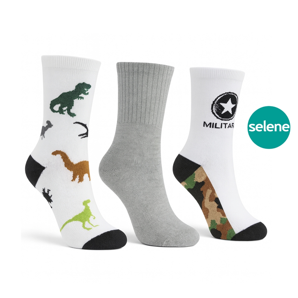 Kit Meia Infantil Algodão Menino 3 Pares Cano Médio ou Curto Infantil Menino Selene Estampada 29 ao 34