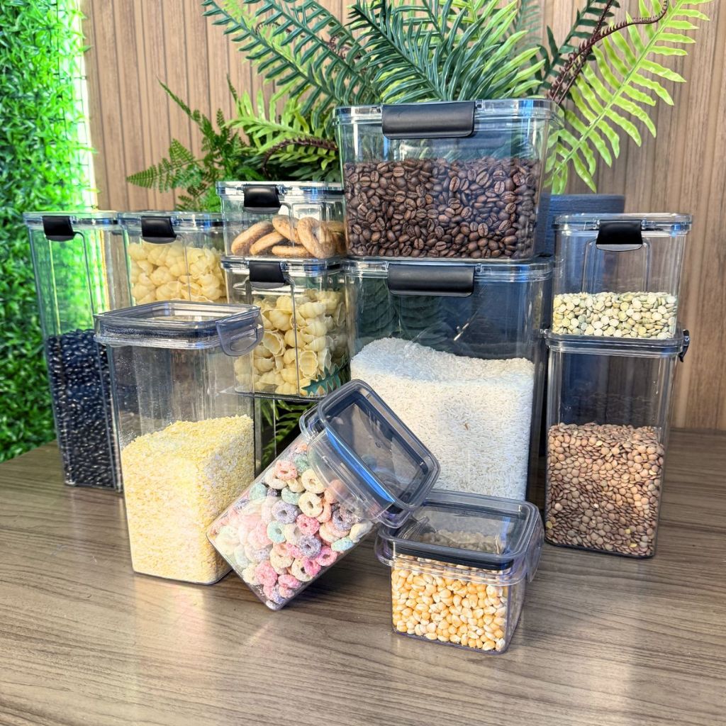 Conjunto de  Potes Herméticos em Acrílico Cristal com Trava e Design Empilhável - Organiza...