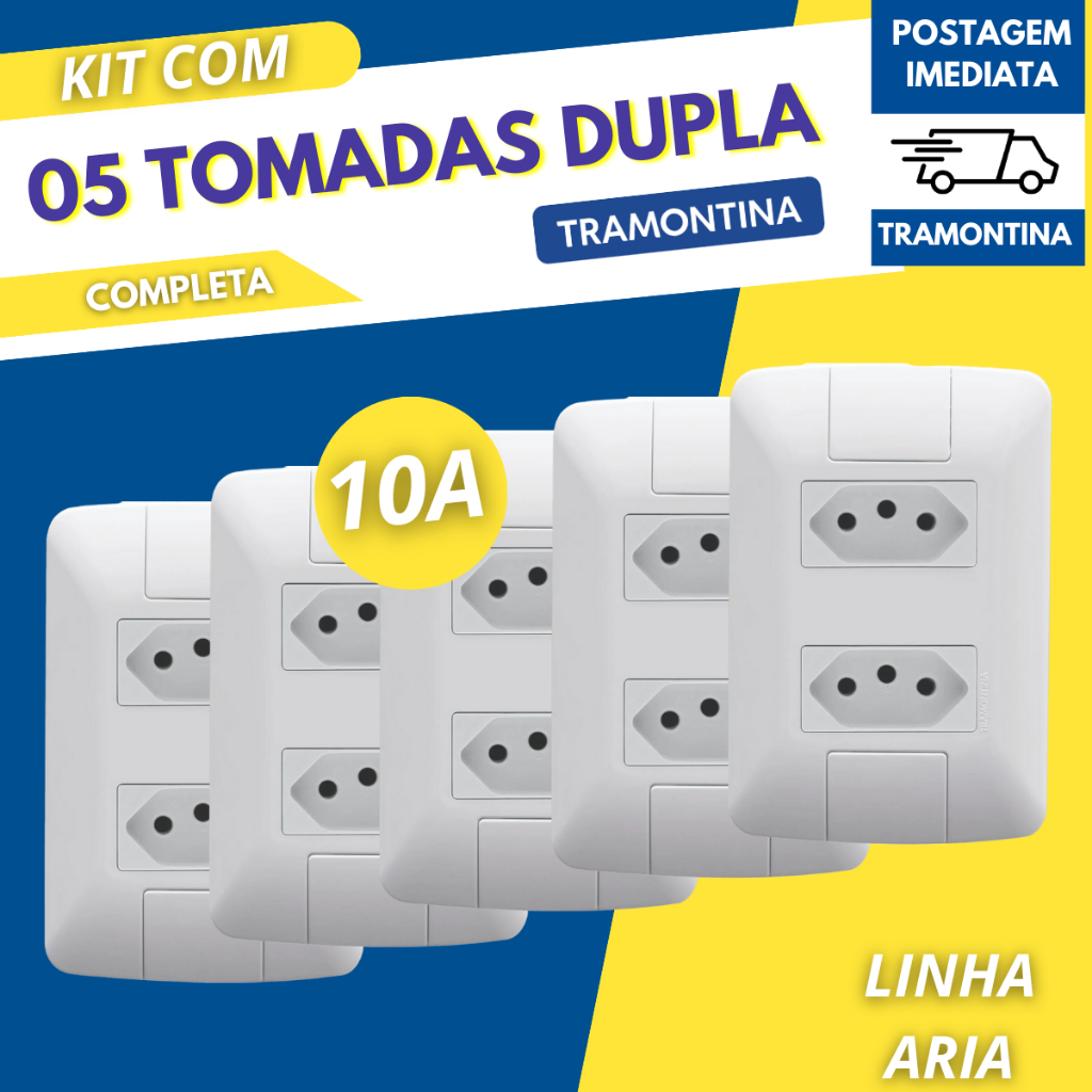 Kit Tomada Dupla 10A Tramontina Linha Aria com Nota Fiscal 3, 5 ou 10 unidades