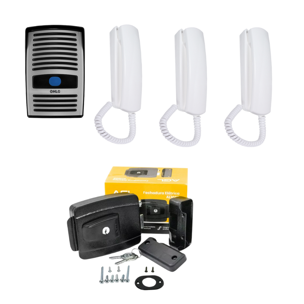 Porteiro Eletronico Interfone com 3 monofones e Fechadura Reversivel AGL Grande