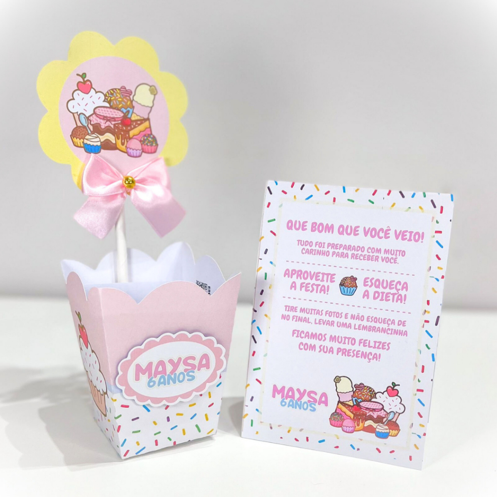 Kit Centro de mesa Doceria Candy Cachepô Personalizado | Enfeite Plaquinha Decoração Lembrancinha