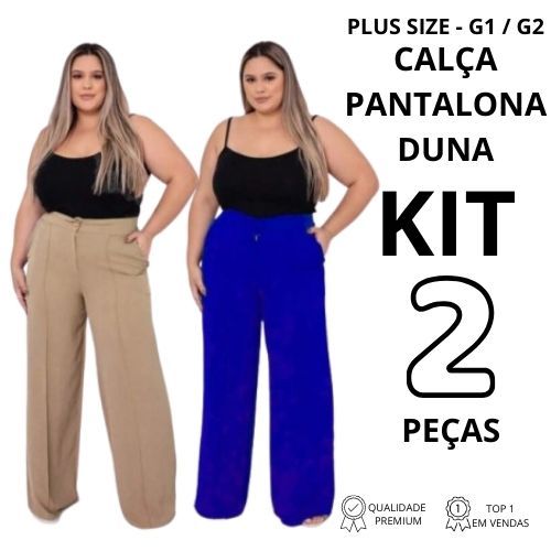 Kit 2 Calça Plus Size Feminina Pantalona Duna Cintura Alta Com Bolso