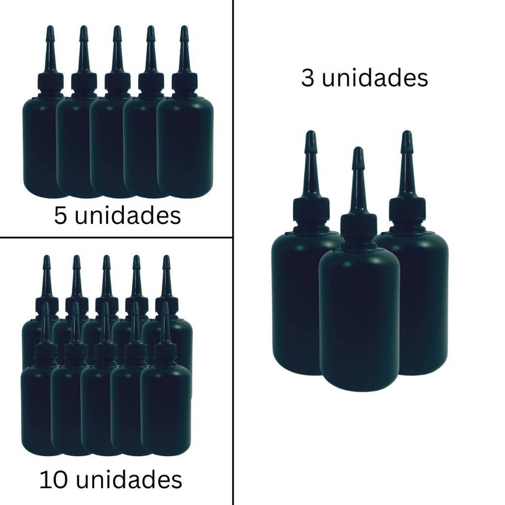 FRASCO PLÁSTICO PRETO PARA TINTA 100ML VAZIO BICO APLICADOR 100ml  – 1, 5 ou 10 Unidades