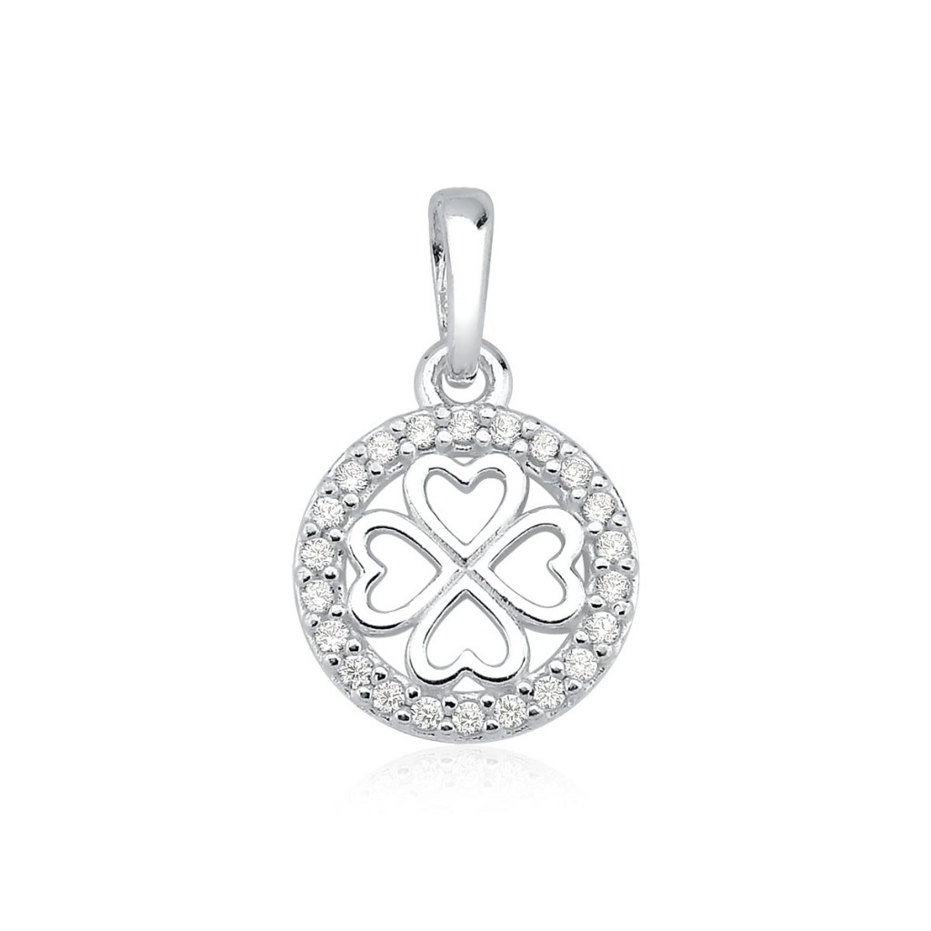Pingente de Prata 925 Círculo com Trevo Vazado e Cravejado