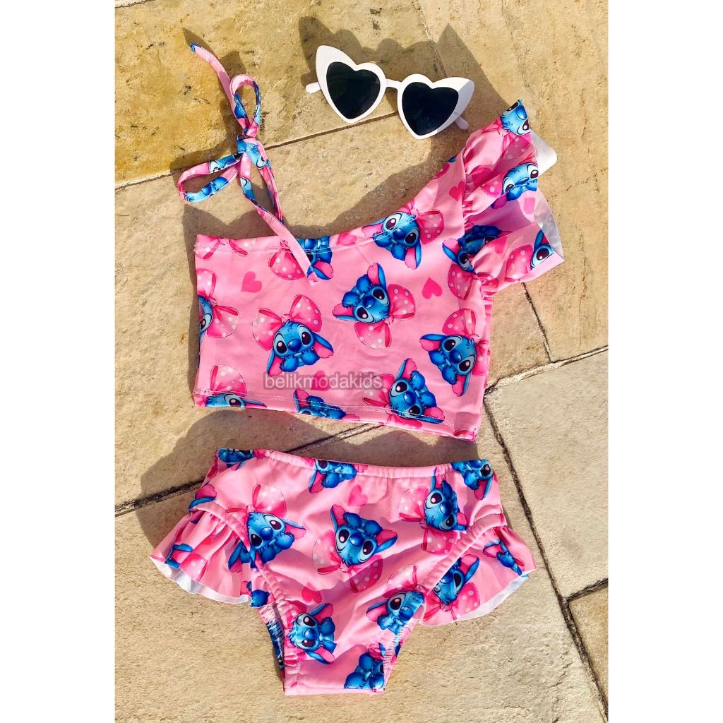 Biquini Infantil Stitch Menina Moda Praia Verão Blogueirinha Babado Proteção Conjunto Personagem Feminino Piscina 2 A 10