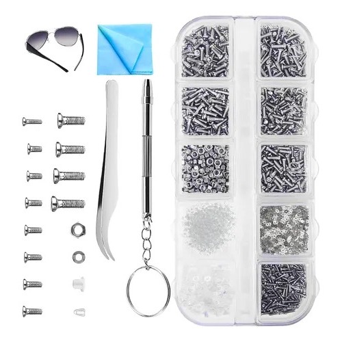 Kit 1000 Parafusos com Porcas, Arruelas, Chave e Pinça – Ideal p/ Ótica, Joalheria e Relojoaria