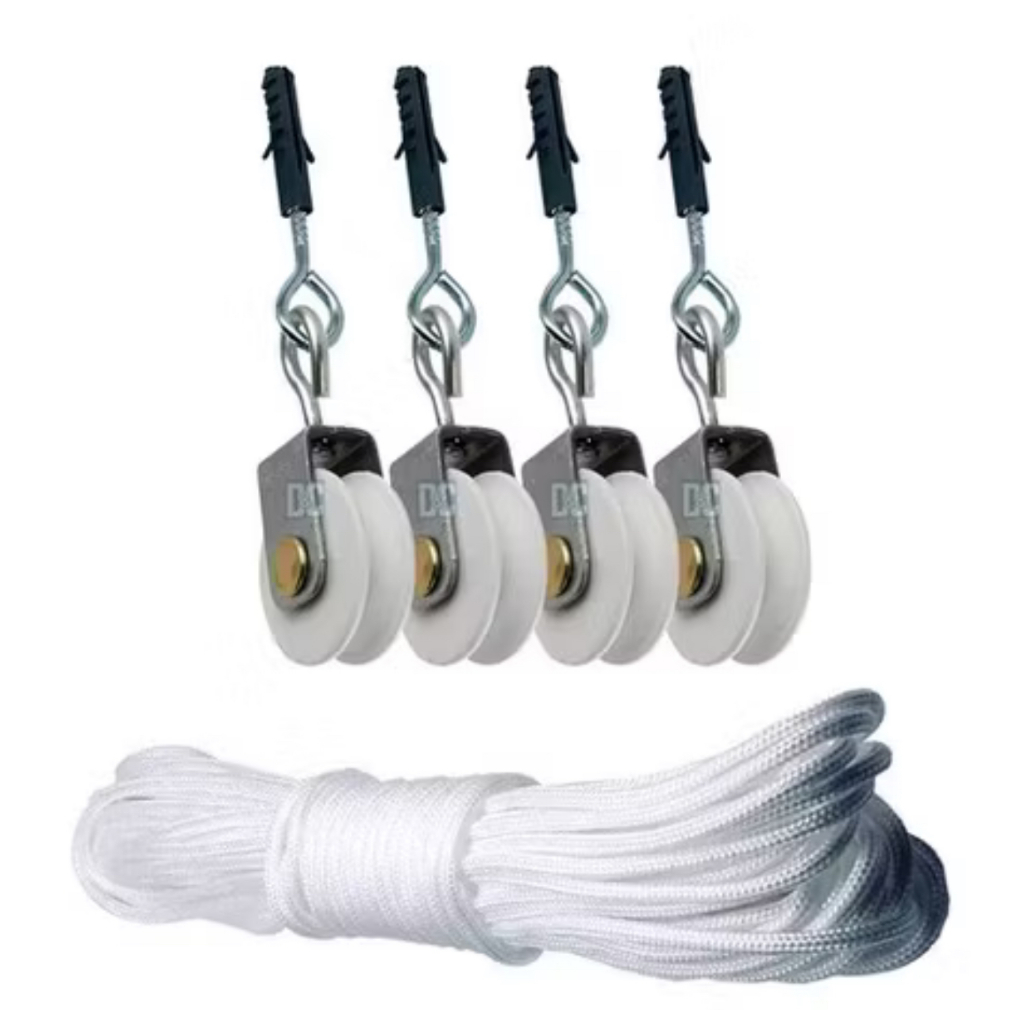 Roldana Plástica 4,7cm Com Parafuso Para Varal 4un + 15m Corda PP 4mm