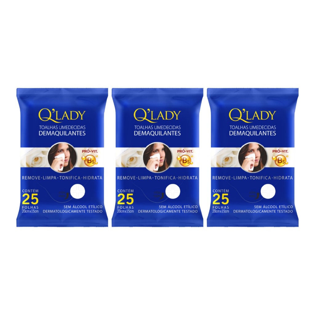 Kit 3 Toalha Demaquilante Q'Lady 25 Folhas (3undX25fls) - 75 Fls Total