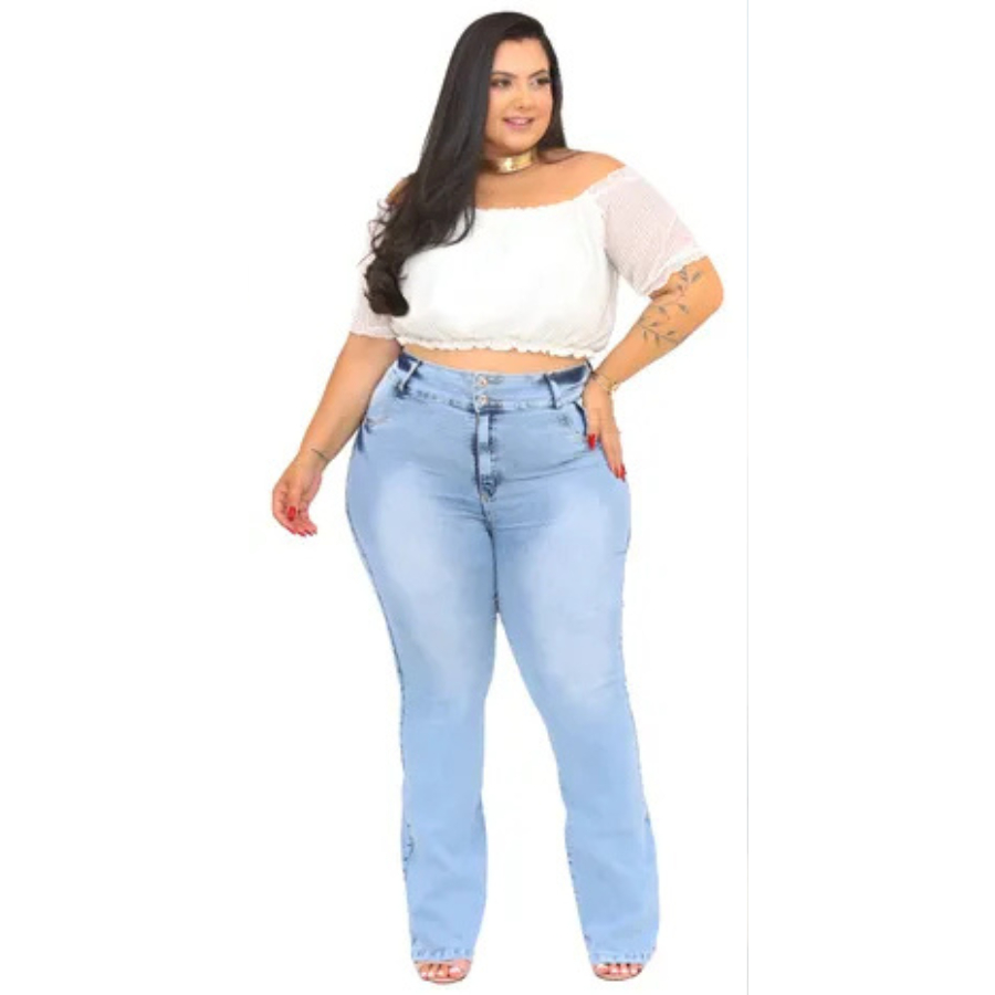 Calça Jeans Feminina Flare Cintura Alta Plus Size Dois Botão  qualidade em Oferta na Shopee