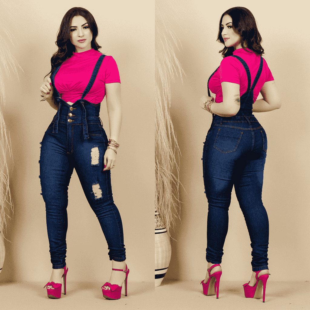 Jardineira Macaquinho Feminino Cintura Alta Escura Jeans Moda Feminina