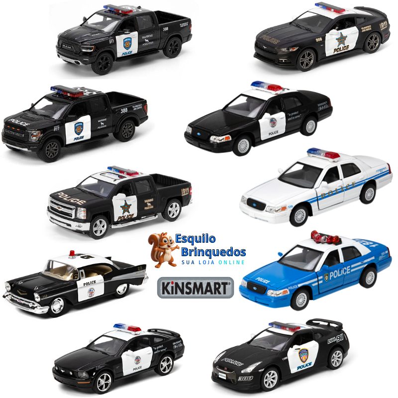 Miniatura Carro De Polícia Americano Chevrolet Bel Air Guincho Chevy Silverado Ford Mustang GT Dodge Ram Police EUA
