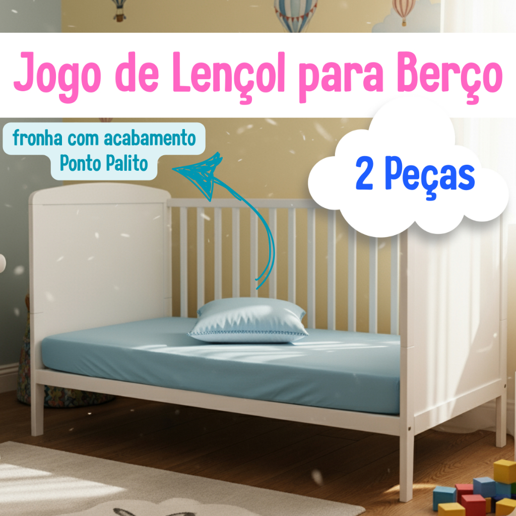 Lençol Berço 2 Peças Micropercal 400 Fios | Fronha Ponto Palito + Lençol Elástico | 130x70x12
