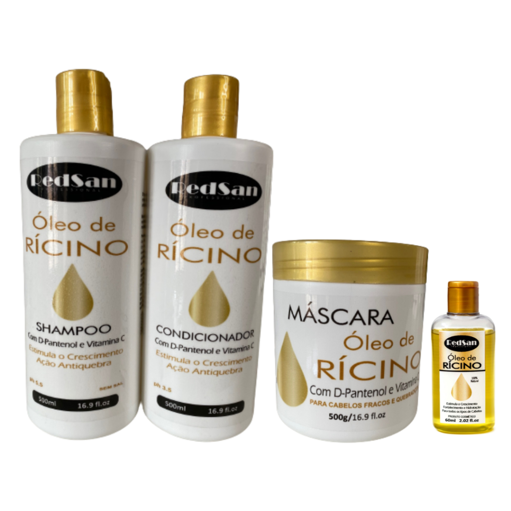 Kit Óleo de Rícino - Crescimento Capilar - RedSan Cosméticos - Shampoo + Condicionador + Máscara + Óleo de Rícino