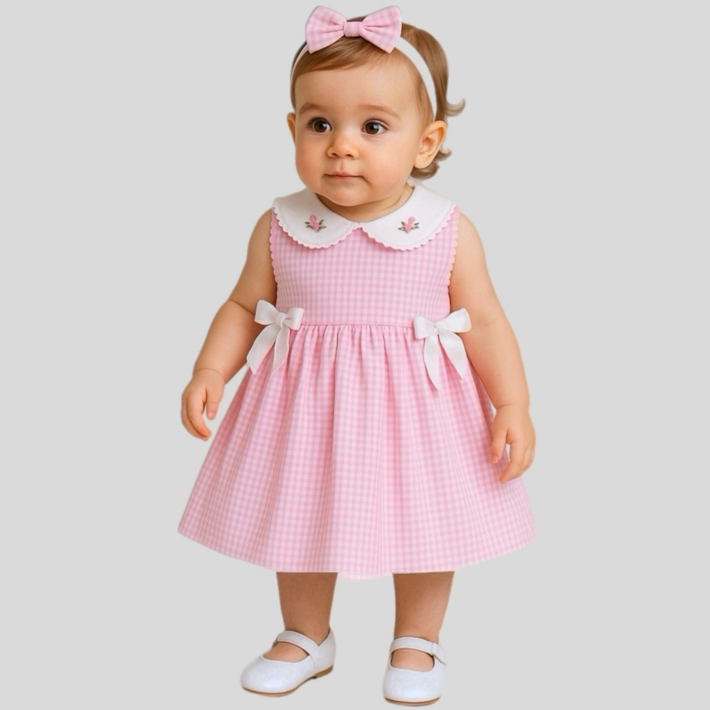 Vestido Infantil Bebê Menina Classico Rosa Xadrez Festa Piquenique Aniversário Princesa Mundo Nina