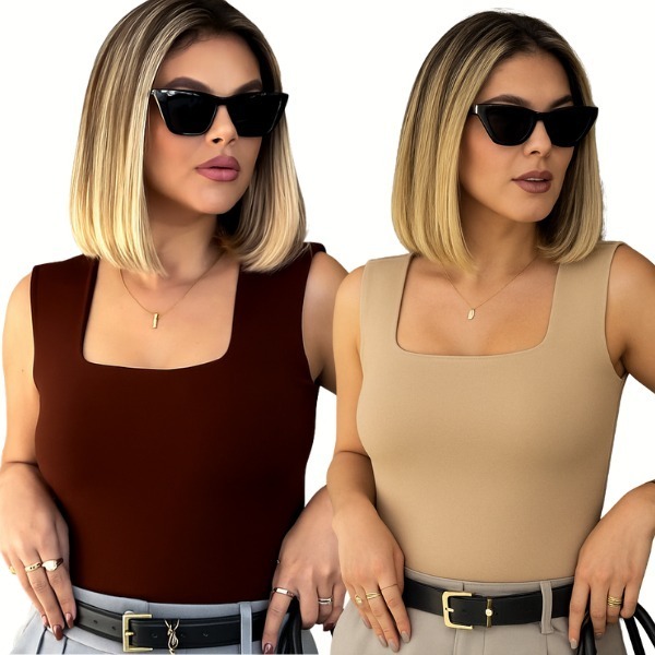 Kit 2 Blusas Regata Decote Quadrado Tecido Suplex Moda Blogueira em Oferta na Shopee