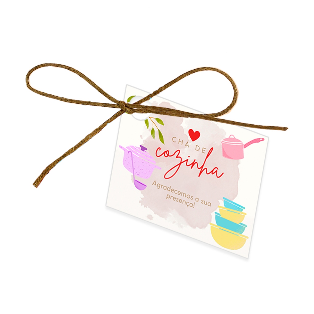 KIT com 10, 15, 25 ou 30UN de TAG + FIO DE JUTA para Lembrancinha de Chá de Cozinha, Casa Nova, Mimo