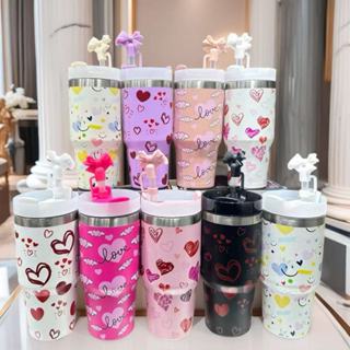 Copo Térmico 420ml / 1200ml com Canudo e Tampa com Laço | Estampa de Corações Super Fofa | Aço Inox Antivazamento em Oferta na Shopee
