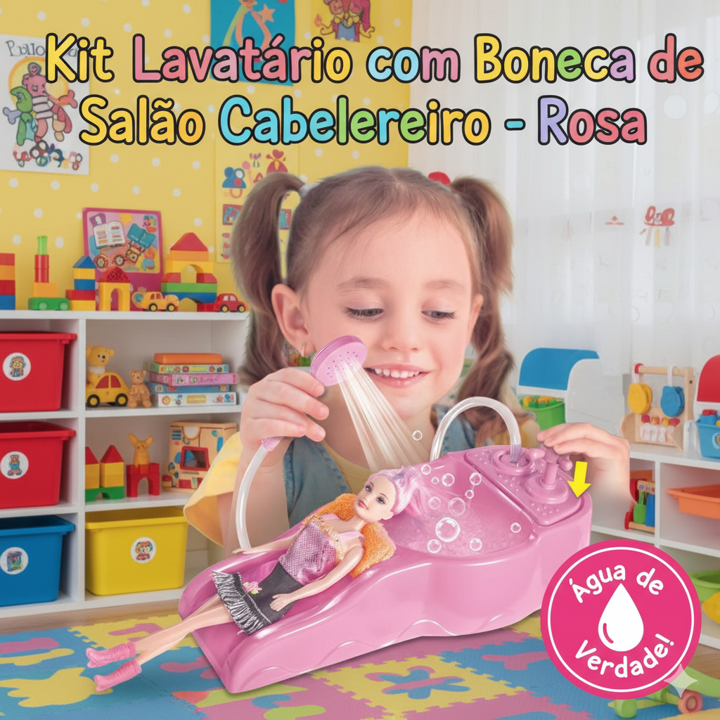 Lavatório Fashion com Boneca e Acessórios de Salão Água de Verdade Brinquedo Infantil Completo