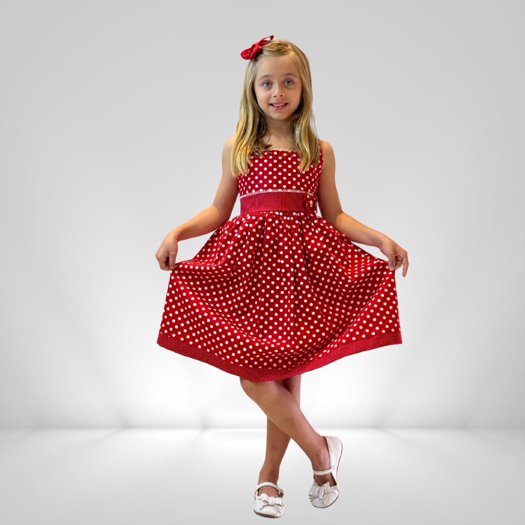 Vestido Infantil De Algodão Poá Costas Vermelho Ou Azul, vestido para meninas, Aniversário, Ano Novo, Batizado, Casament