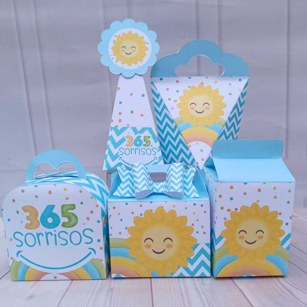 20 Caixinhas 365 sorrisos azul - Caixinhas para decoração e lembrancinha de aniversário infantil - Pegue e Monte