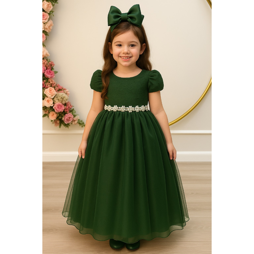Vestido Infantil Verde Oliva Longo Luxo Festa Esmeralda Madrinha Daminha Casamento