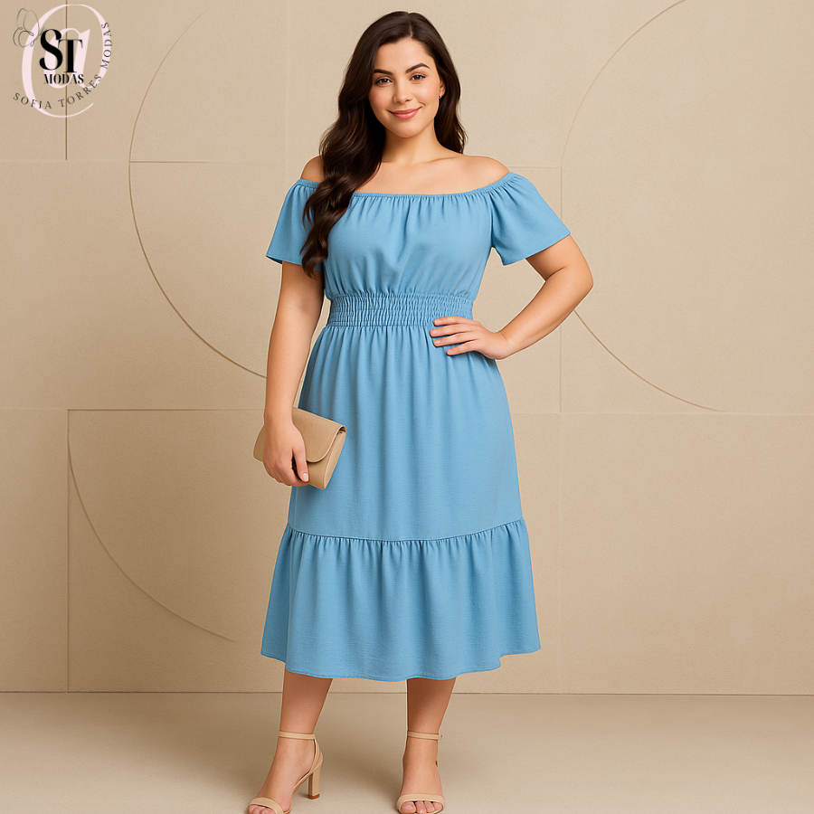 Vestido Midi Plus Size Ombro a Ombro com Lastex Tecido Duna M ao G3 – Elegância e Conforto no Verão