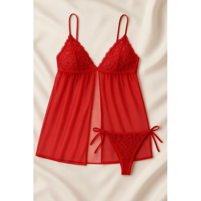 Camisola tule + calcinha de amarrar transparência renda em Oferta na Shopee