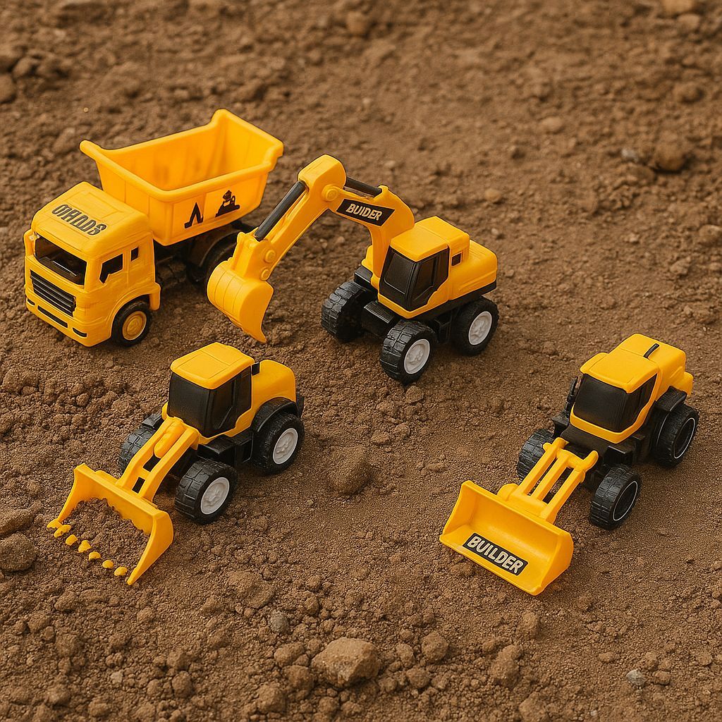 Kit 4  Brinquedo Caminhao Veículos De Obra Trator Escavadeira Rolo