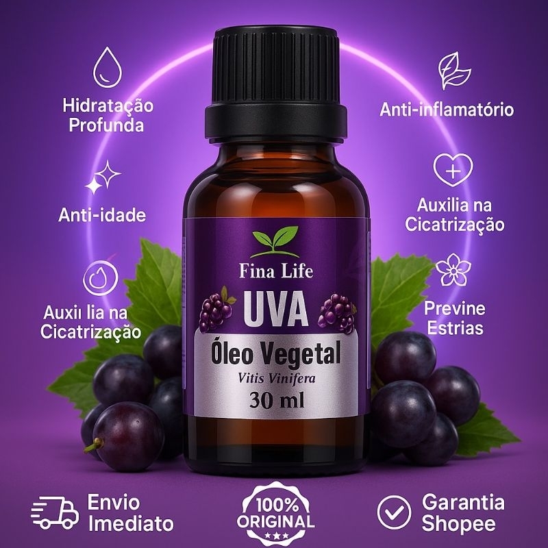 Óleo de semente de uva 30ml prensado a frio fina life - hidratação profunda