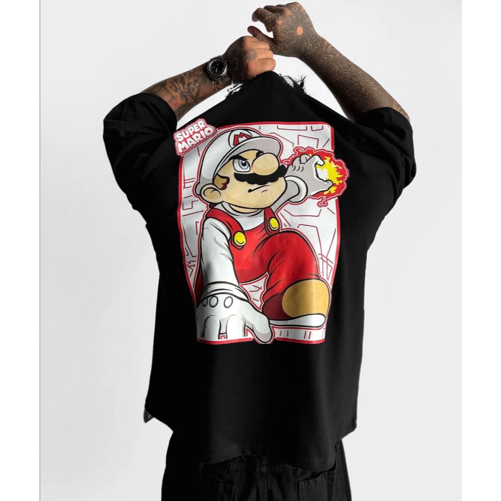 Camiseta Super Mario Fireball Aftersoul oversized streetwear gamer plus size algodão