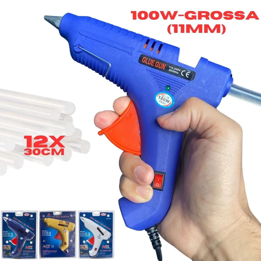 Pistola de Cola Quente Grande Bico Fino Profissional 100W + 12 Bastões 11mm Botão LIGA/DESLIG Bivolt