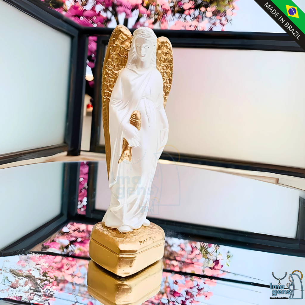 Imagem em gesso Anjo Rafael 20cm perola com dourado Altar Decorativo Catolico Catolicismo Presente