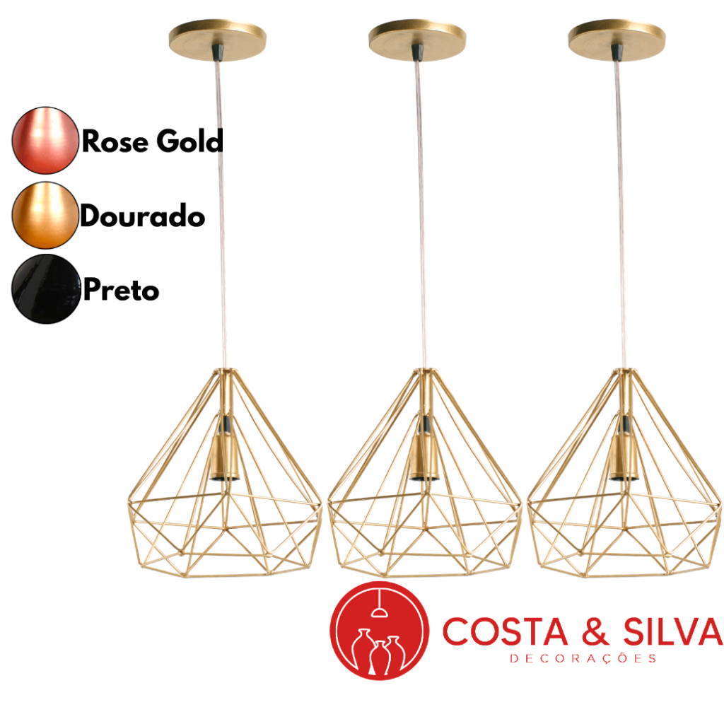 3 Pendente Diamante Aramado 3d Grande Lustre de Teto Luminária Cabo Cristal