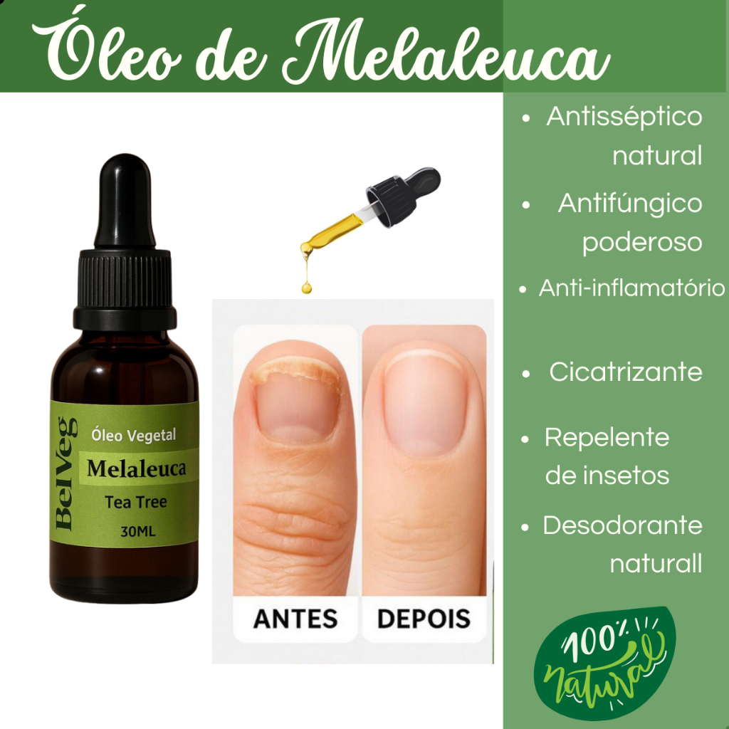 Óleo de Melaleuca Tea Tree 100% Puro 30ml  Para Unha Pele Cabelo..