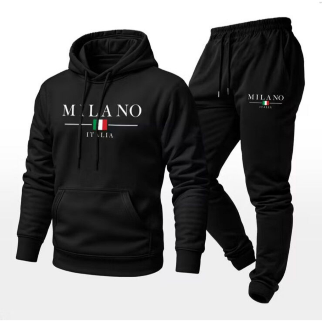 Conjunto Moleton Unissex Estampado Milano Italia Calça e Blusa Com Capuz Bolso Canguru Casaco Frio
