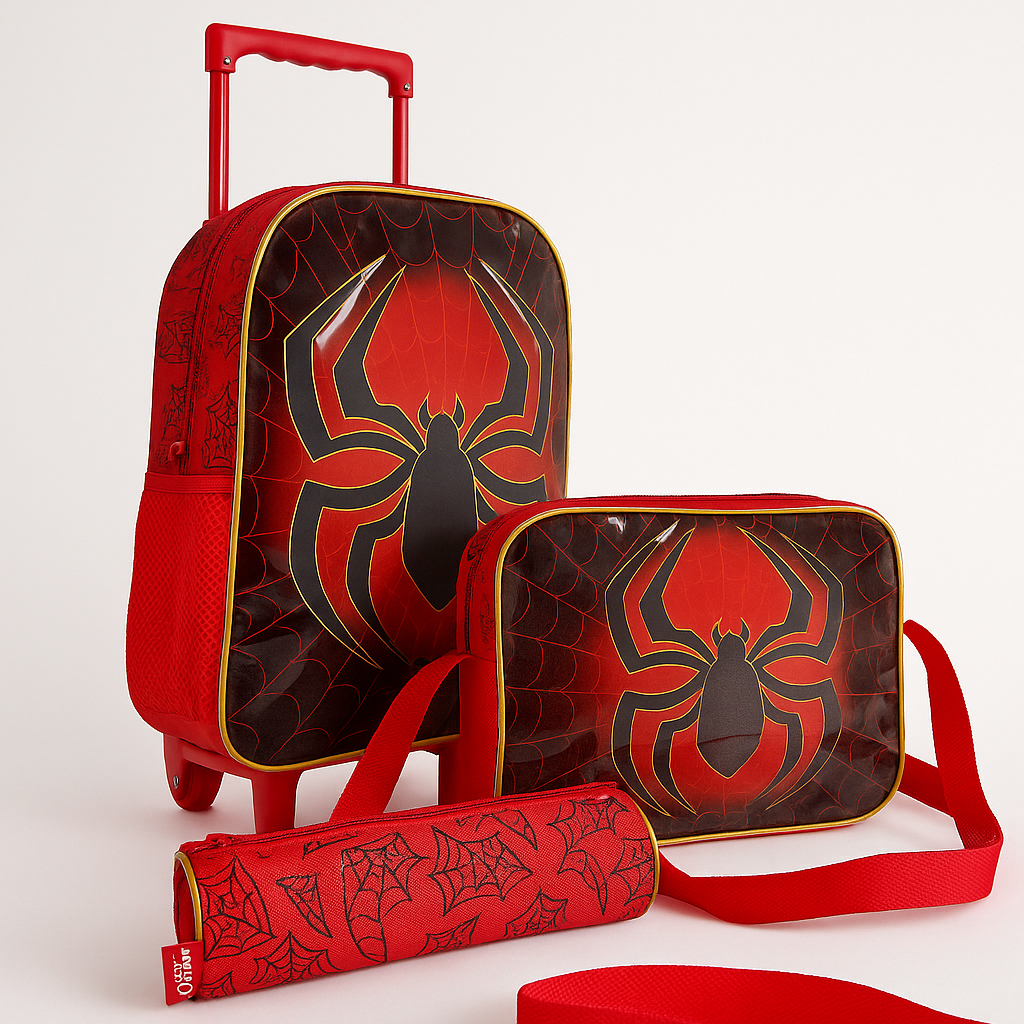 Kit Mochila Escolar Com Rodinha Spider Aranha Lancheira E Estojo Reforçado Infantil