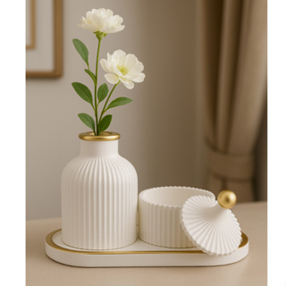 Kit Decorativo com Detalhe Dourado 3 Peças Vaso Bandeja e Porta Objetos em Oferta na Shopee