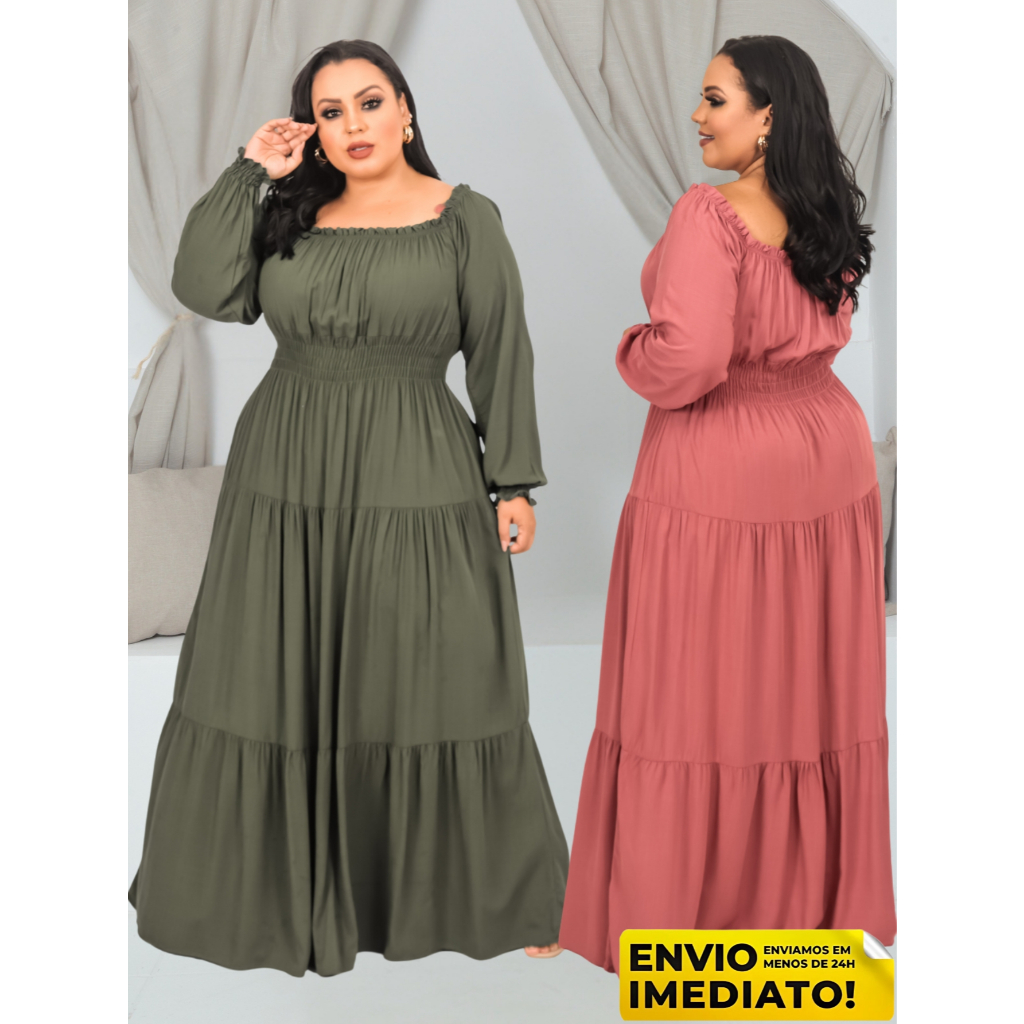 Vestido Plus Size Manga Longa Ciganinha Moda Evangelica ENVIO IMEDIATO em Oferta na Shopee