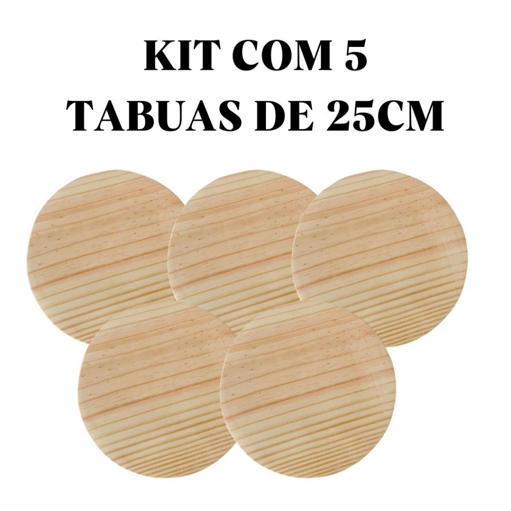 Kit 5 Tábuas Redondas De Madeira Natural Pinus 25 Cm