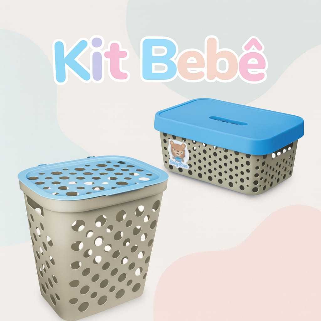 Kit 2 Peças Caixa Organizadora Infantil Multiuso + Cesto De Roupa Com Tampa E Alça Telado Bebê