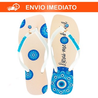 Chinelo personalizado olho grego e pingentes chinelo estampando modelo bico quadrado